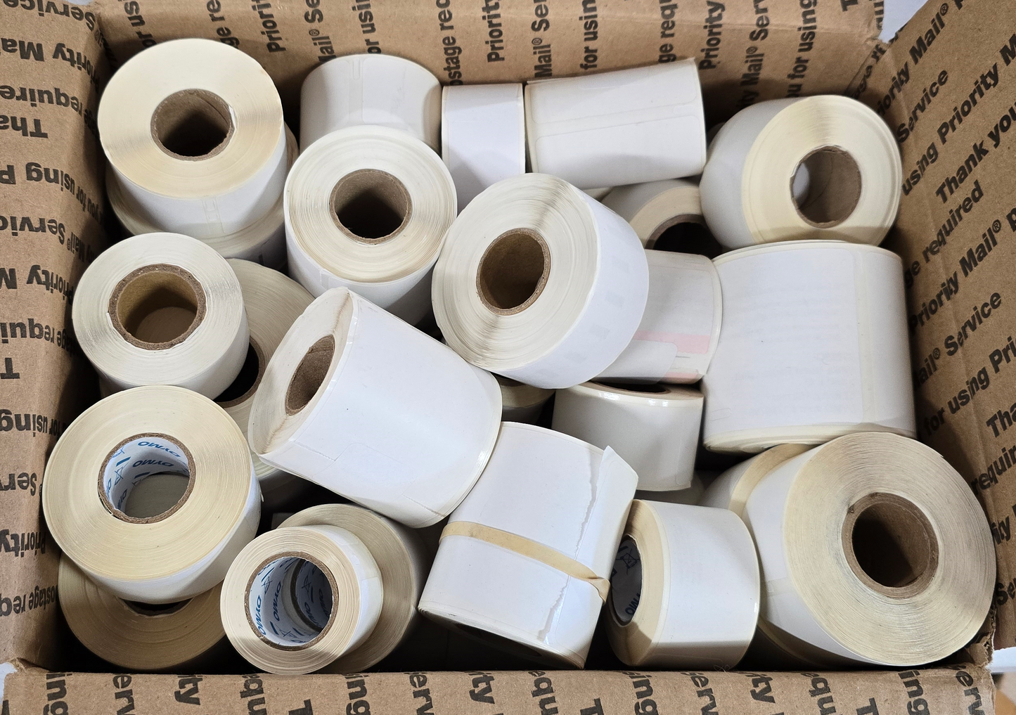 10 Pound Box of Assorted Started Partial Rolls of Labels Up to 2-1/8" Wide